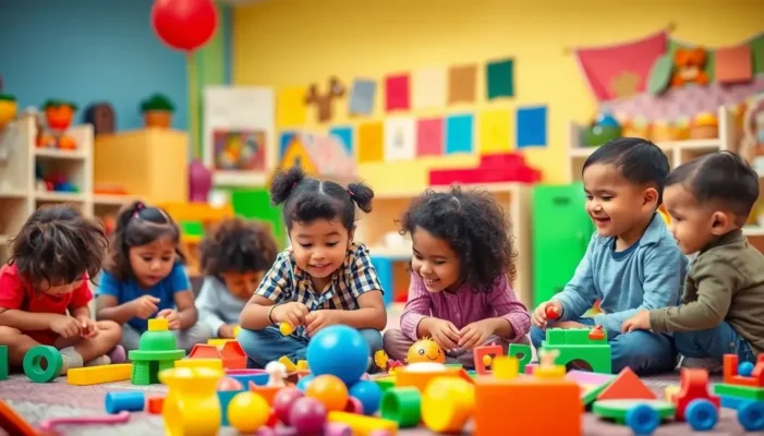 Diverse children playing with various toys in a colorful playroom, showcasing the impact of toys on learning.