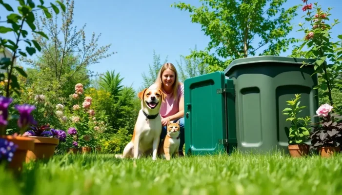A family, dog, and cat in a garden with a compost bin and native plants under a sunny sky.