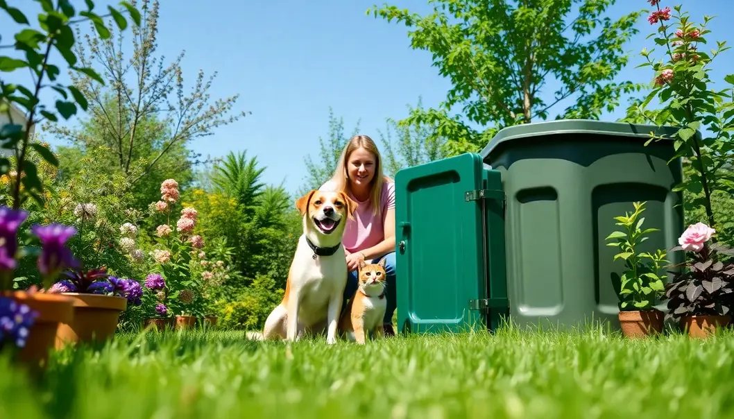 A family, dog, and cat in a garden with a compost bin and native plants under a sunny sky.