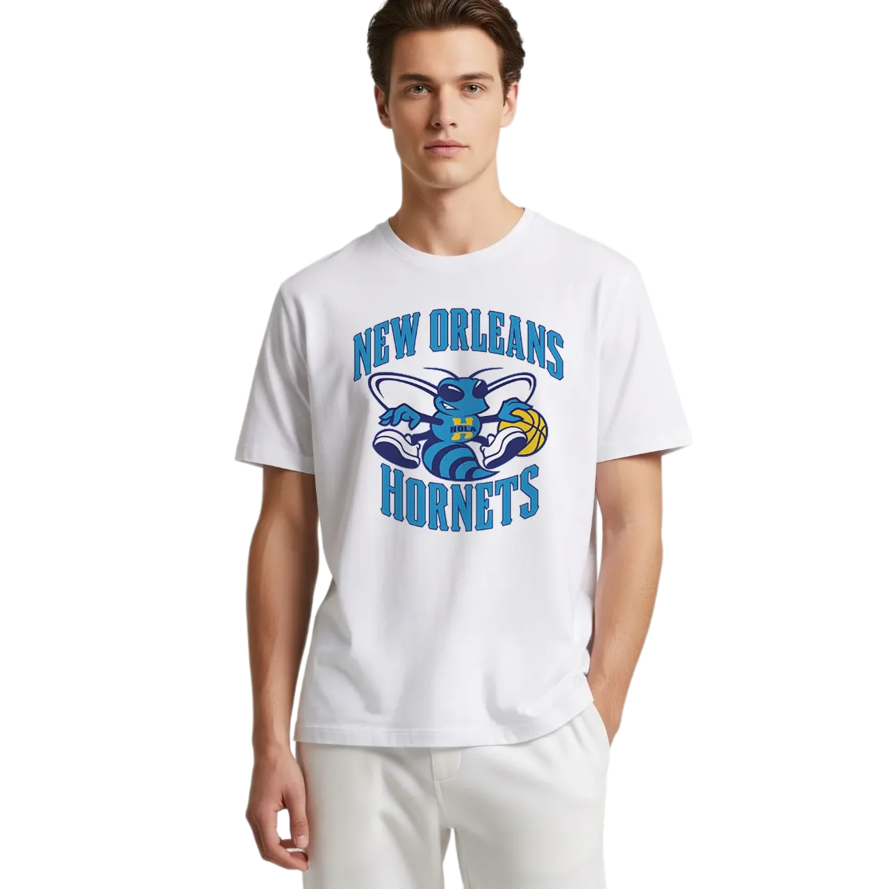 Model wearing white New Orleans Hornets graphic T-shirt